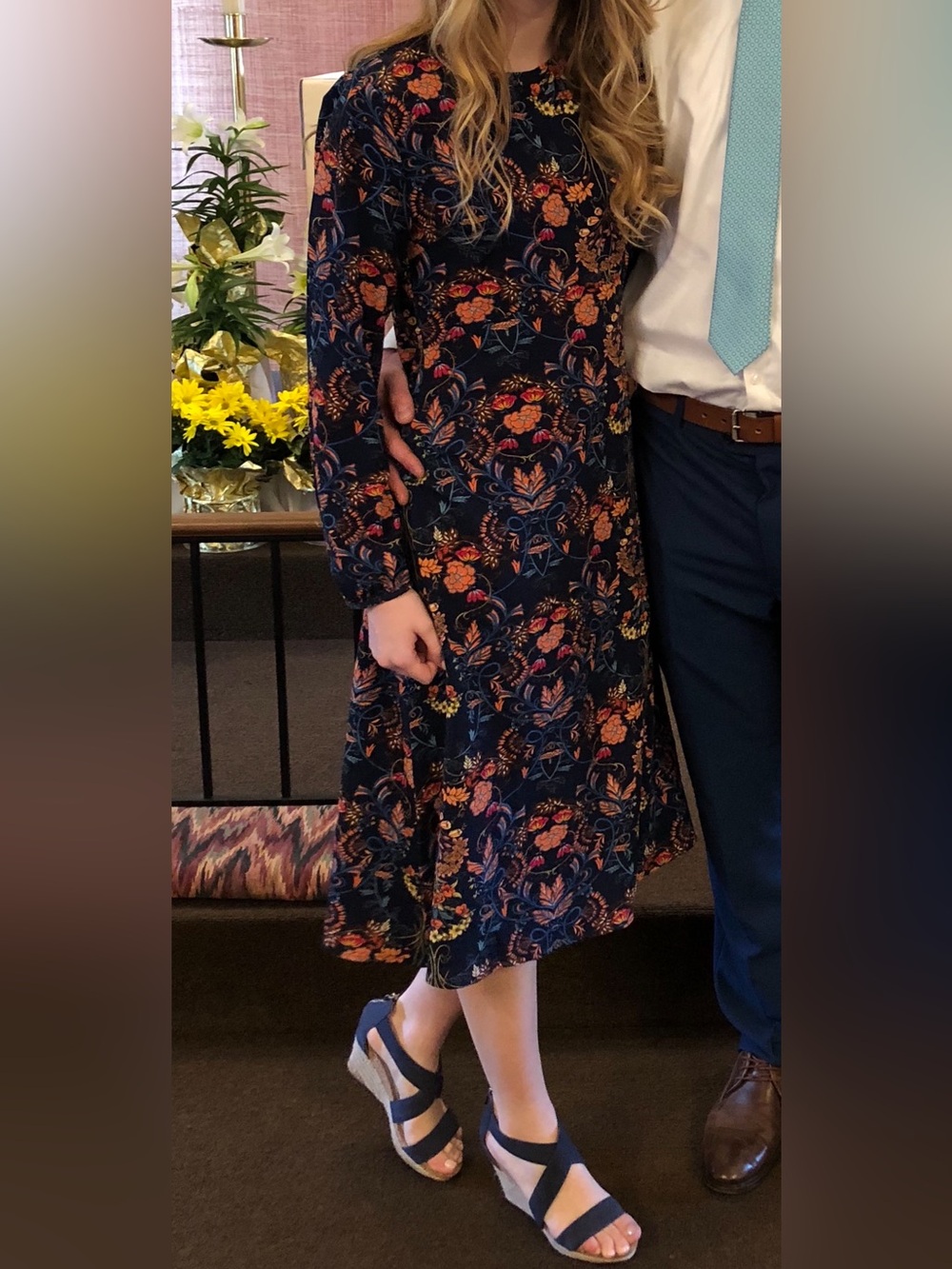 Navy Floral Long-Sleeve Fit-and-Flare Dress